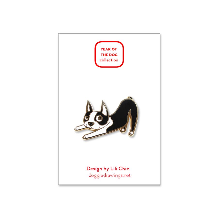 Boston Terrier Downward Dog Enamel Pin