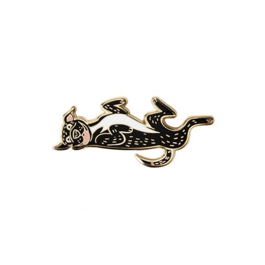 Happy Pit Bull dog lying on its back lapel pin on a white background