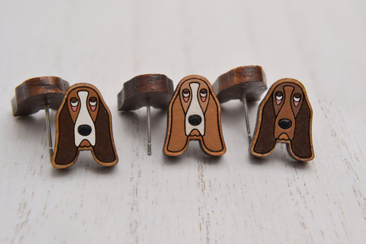 Basset Hound Head Stud Earrings - Wooden - Hand Painted