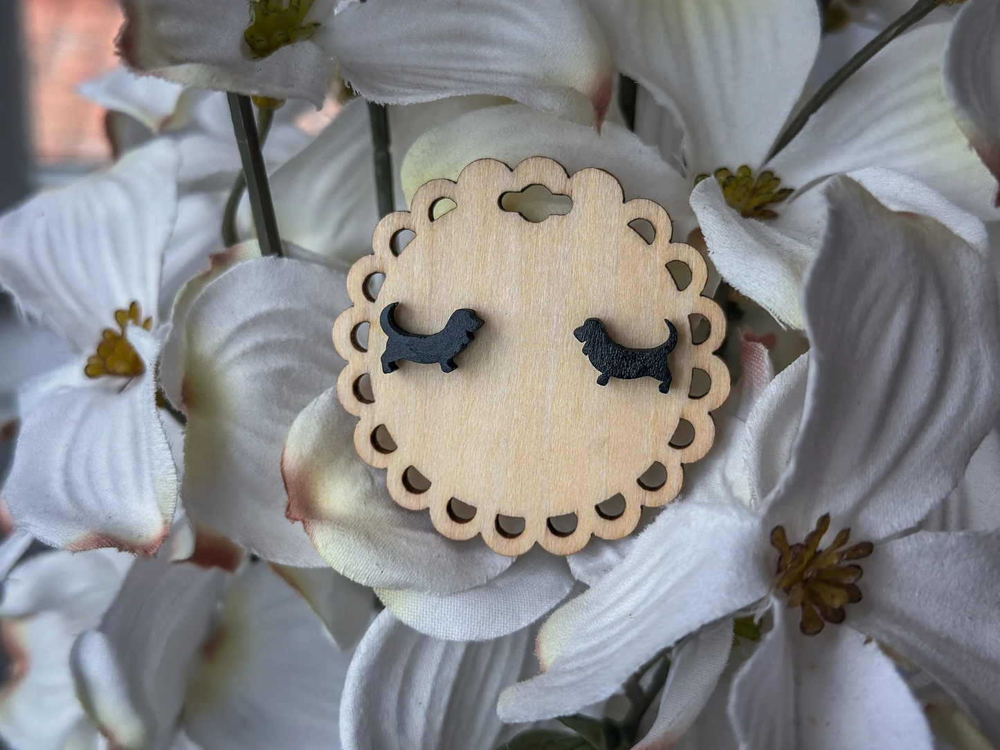 Basset Hound Stud Earrings - Wooden - Hand Painted