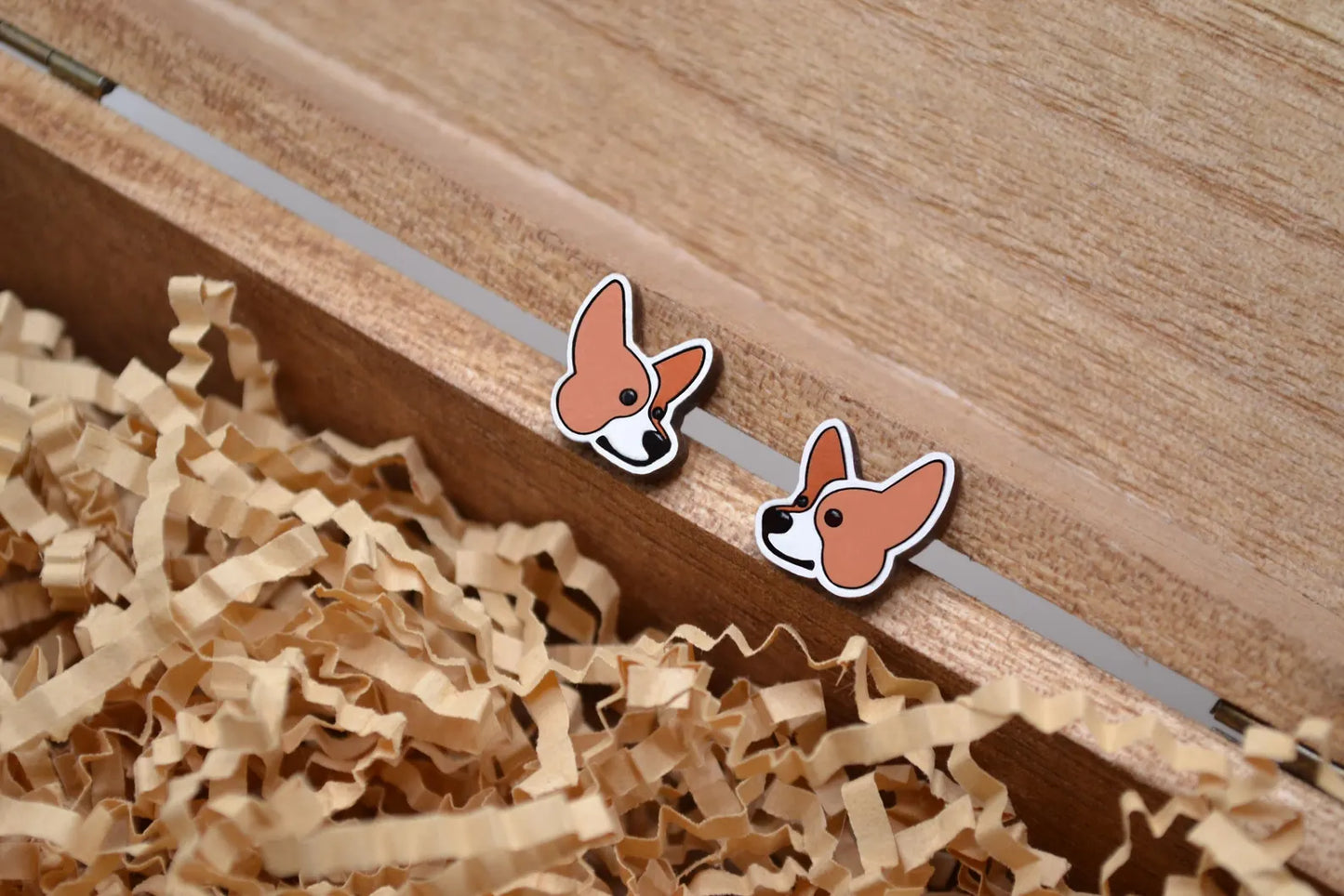 Corgi Head Stud Earrings - Wooden - Hand Painted