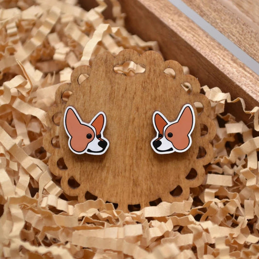 Corgi Head Stud Earrings - Wooden - Hand Painted