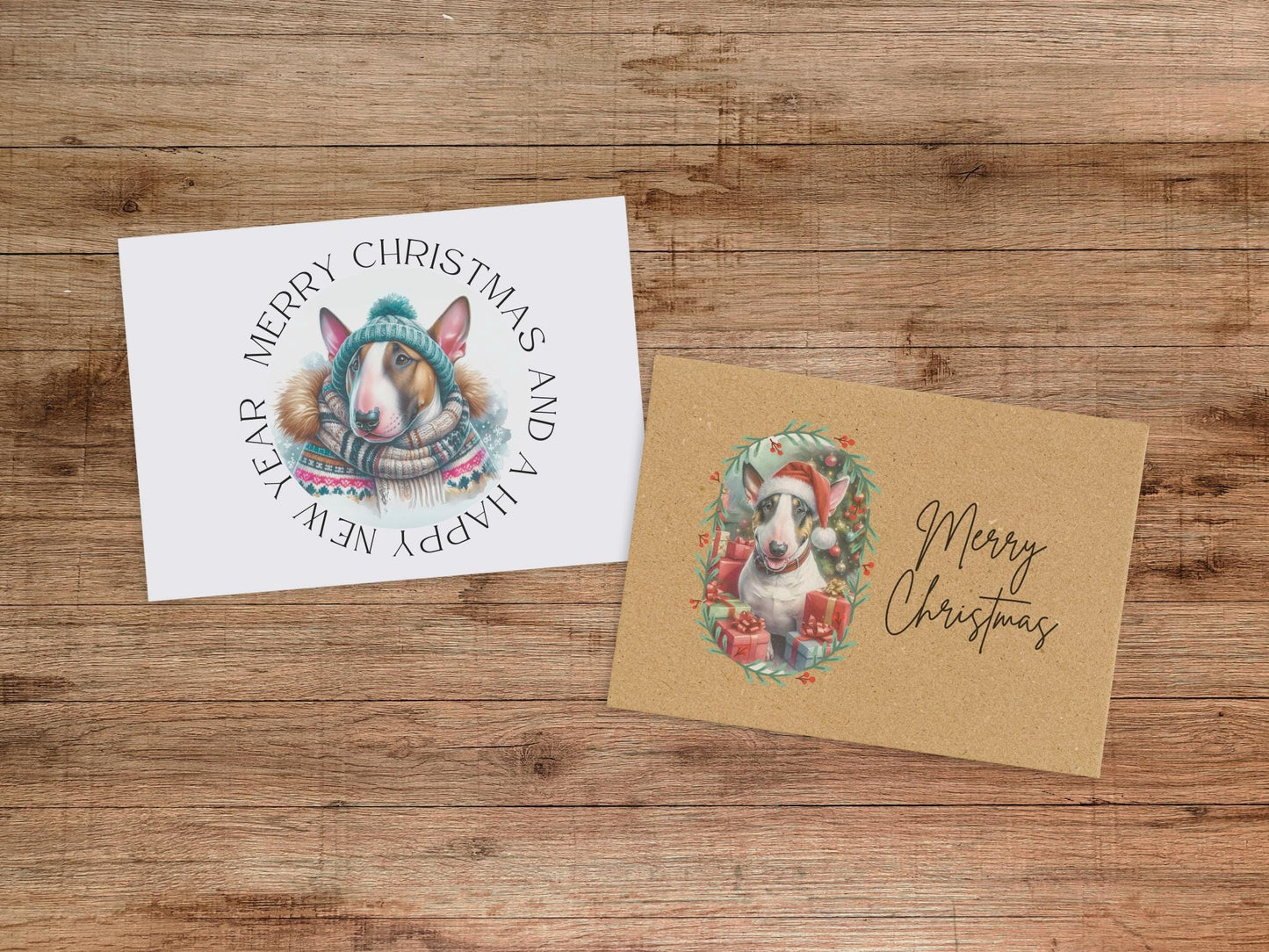 Bull Terrier Christmas Card Set of 6, 12, or 24 - Vintage Inspired Holiday Greeting Card Blank Inside Dog Puppy White Cavalier