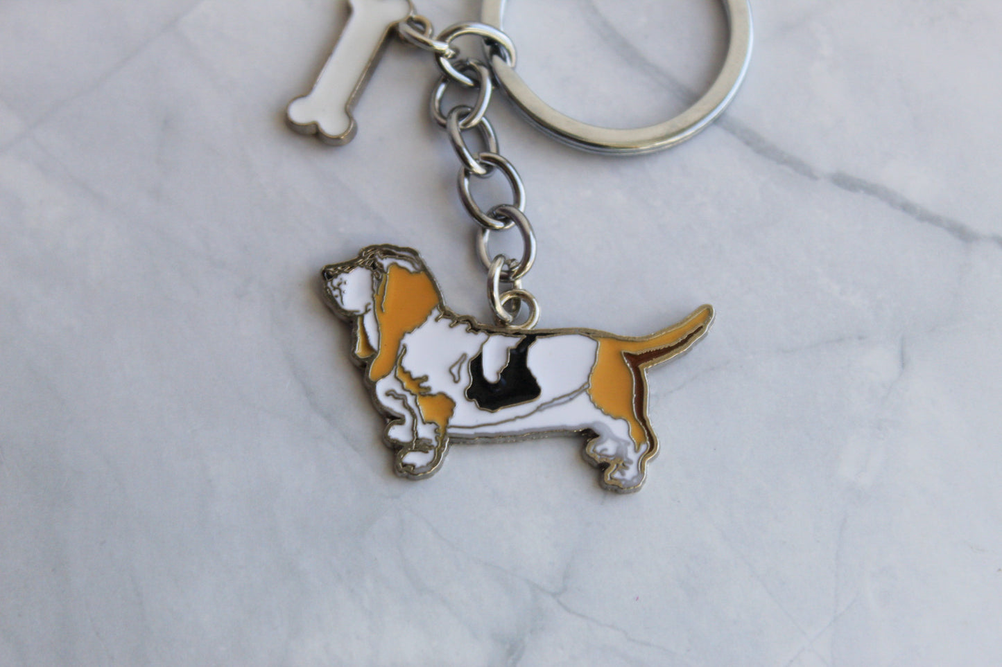 Basset Hound Enamel and Silver Metal Keychain