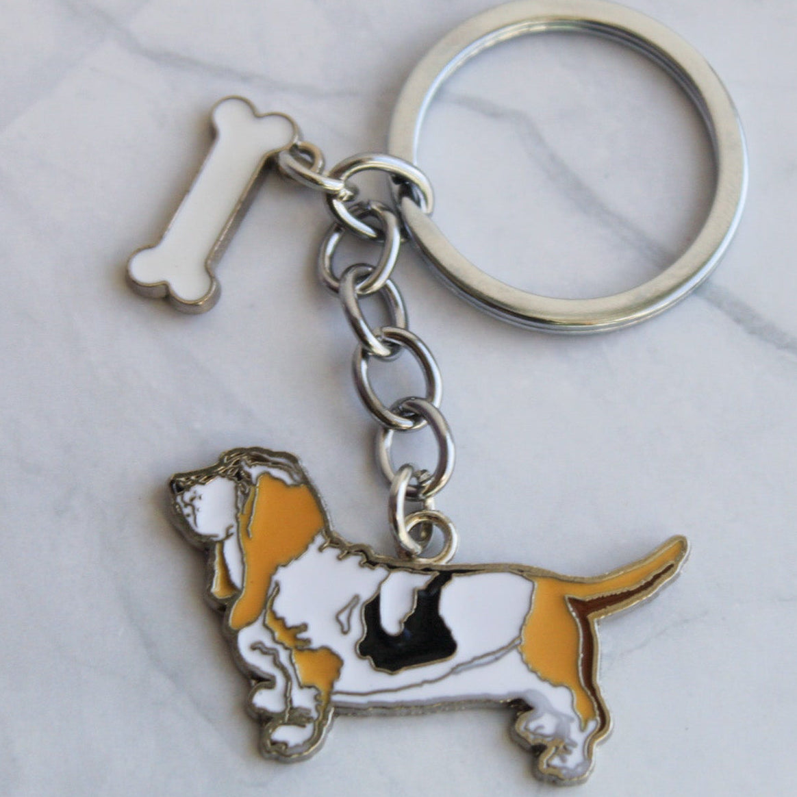Basset Hound Enamel and Silver Metal Keychain