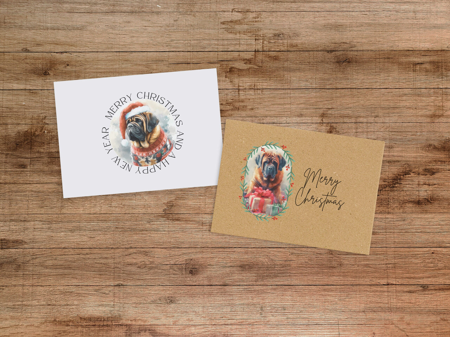 Mastiff Christmas Card Set of 6, 12, or 24 - Vintage Inspired Holiday Greeting Card Blank Inside Dog Puppy