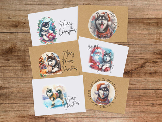 Husky Christmas Card Set: Vintage Blank Inside Holiday Greeting Cards