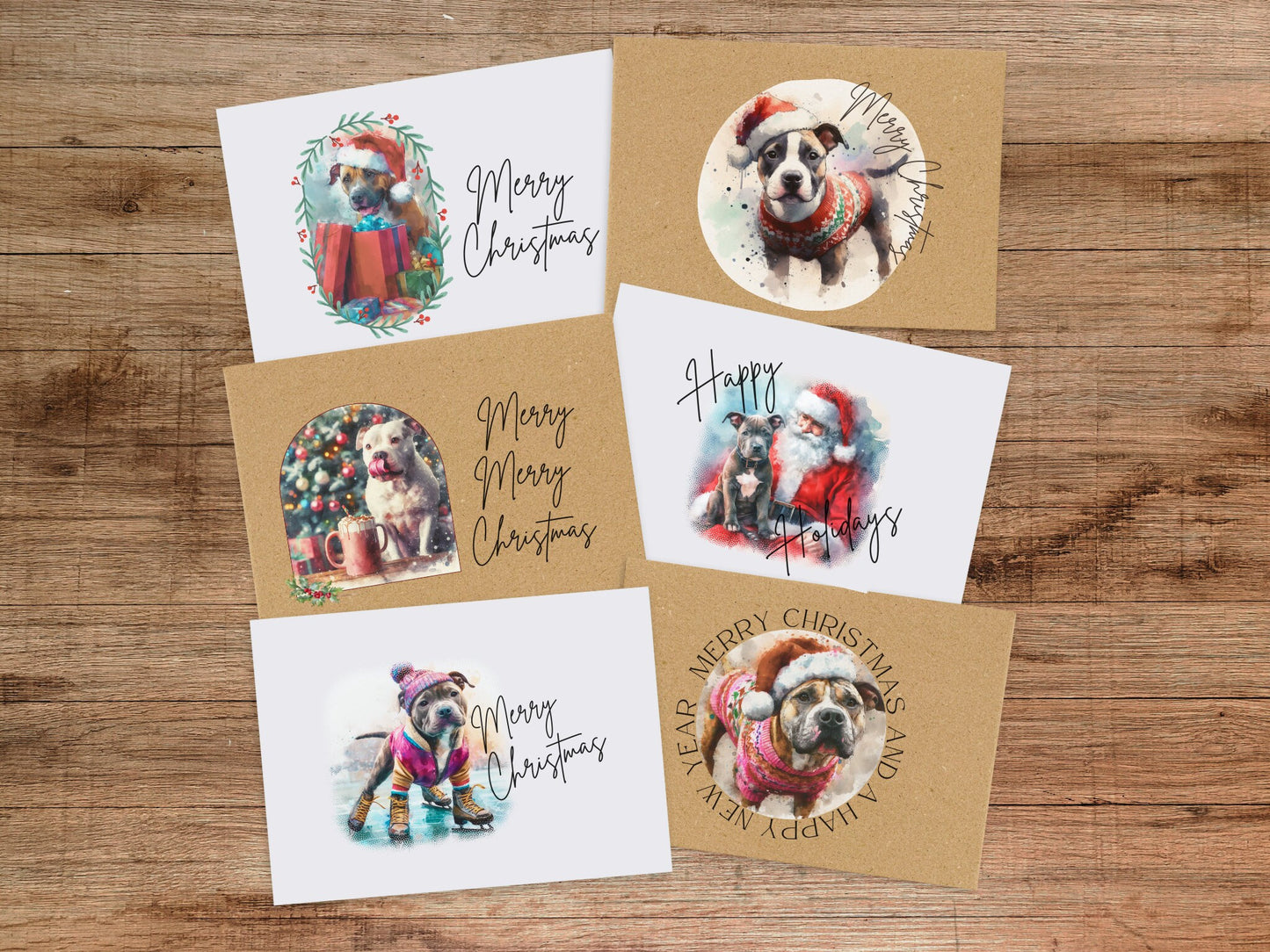 Pit Bull Christmas Card Set of 6 or 12 - Holiday Greeting Card Blank Inside Dog Puppy