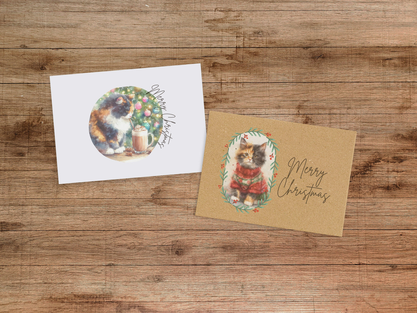 Calico Cat Christmas Card Set Holiday Greeting Card Blank Inside Kitten Kitty