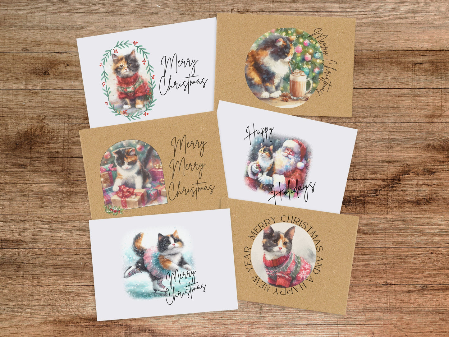 Calico Cat Christmas Card Set Holiday Greeting Card Blank Inside Kitten Kitty