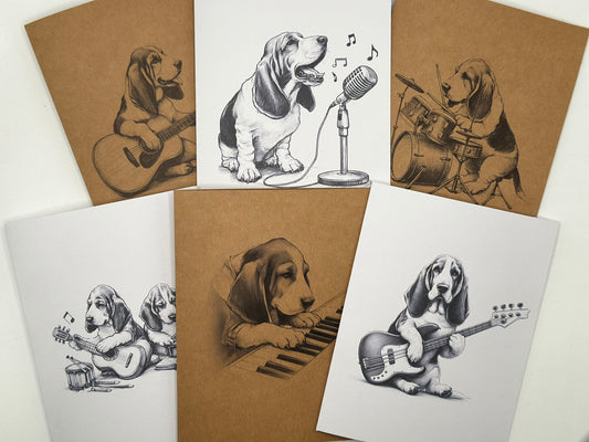 Basset Hound Just Because Cards: Musical Dog Art, Blank Inside - Set of 6 or 12