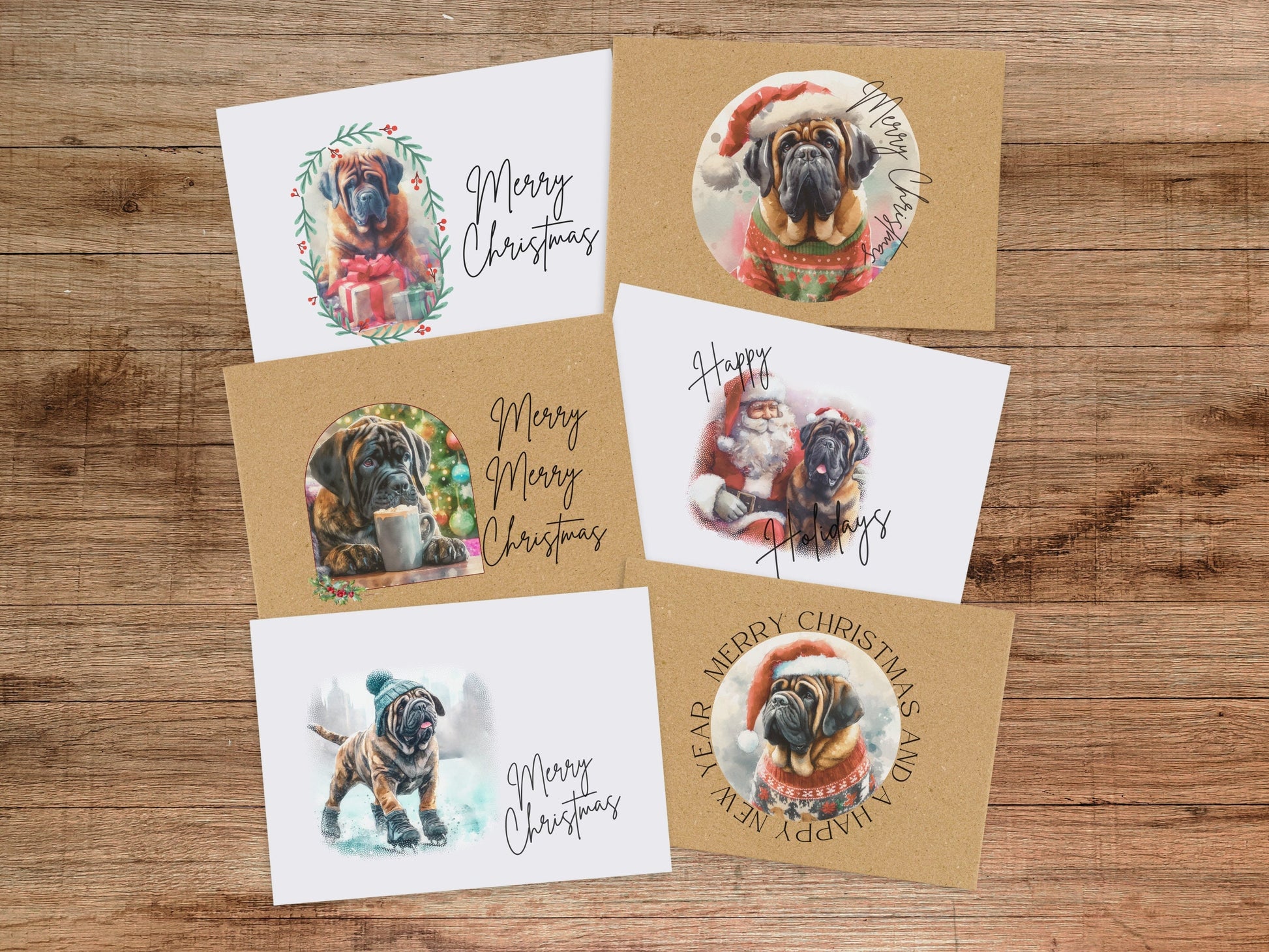 3 white and 3 brown christmas cards each with a different mastiff wearing holiday sweaters and doing holiday activities