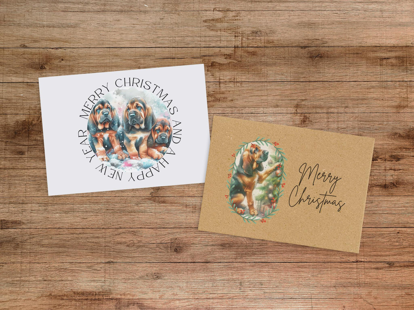 Bloodhound Christmas Card Set of 6, 12, or 24  - Holiday Greeting Card Blank Inside Dog Puppy