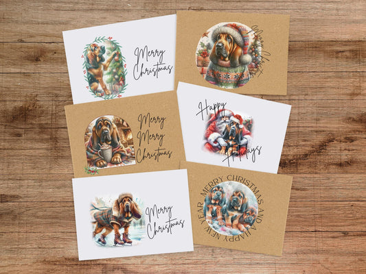 Bloodhound Christmas Card Set of 6, 12, or 24  - Holiday Greeting Card Blank Inside Dog Puppy