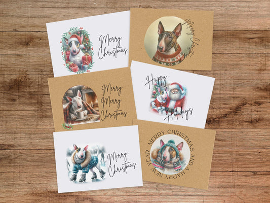 Bull Terrier Christmas Card Set of 6, 12, or 24 - Vintage Inspired Holiday Greeting Card Blank Inside Dog Puppy White Cavalier
