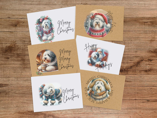 Old English Sheepdog Christmas Card Set of 6, 12, or 24 - Vintage Inspired Holiday Greeting Card Blank Inside Dog Puppy