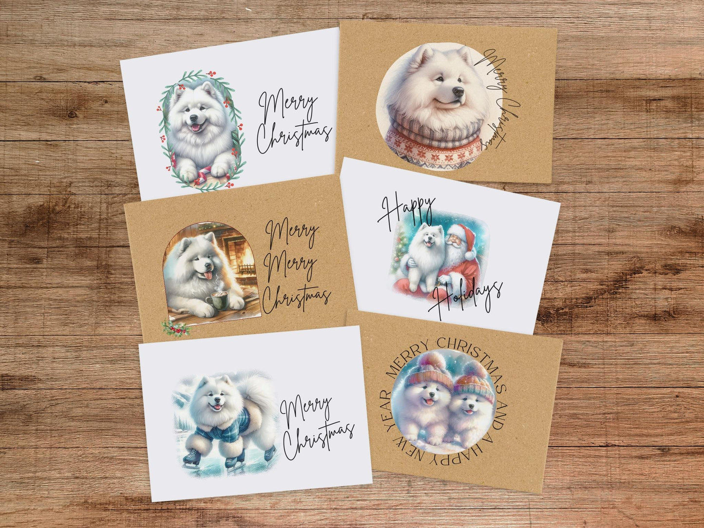 Samoyed  Christmas Card Set of 6, 12, or 24 - Vintage Inspired Holiday Greeting Card Blank Inside Dog Puppy
