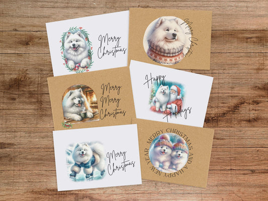 Samoyed  Christmas Card Set of 6, 12, or 24 - Vintage Inspired Holiday Greeting Card Blank Inside Dog Puppy