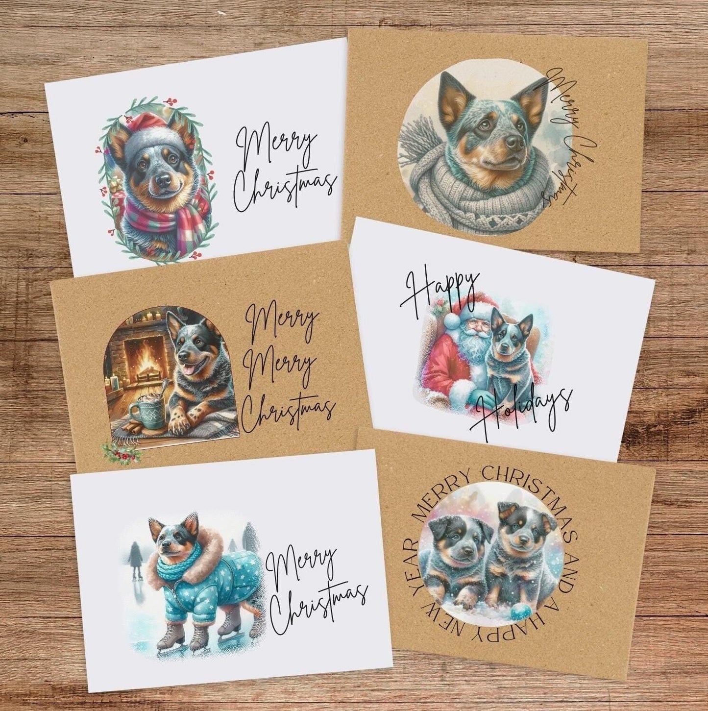 Blue Heeler - Austrialian Cattle Dog Christmas Card Set of 6, 12, or 24 - Vintage Inspired Holiday Greeting Card Blank Inside