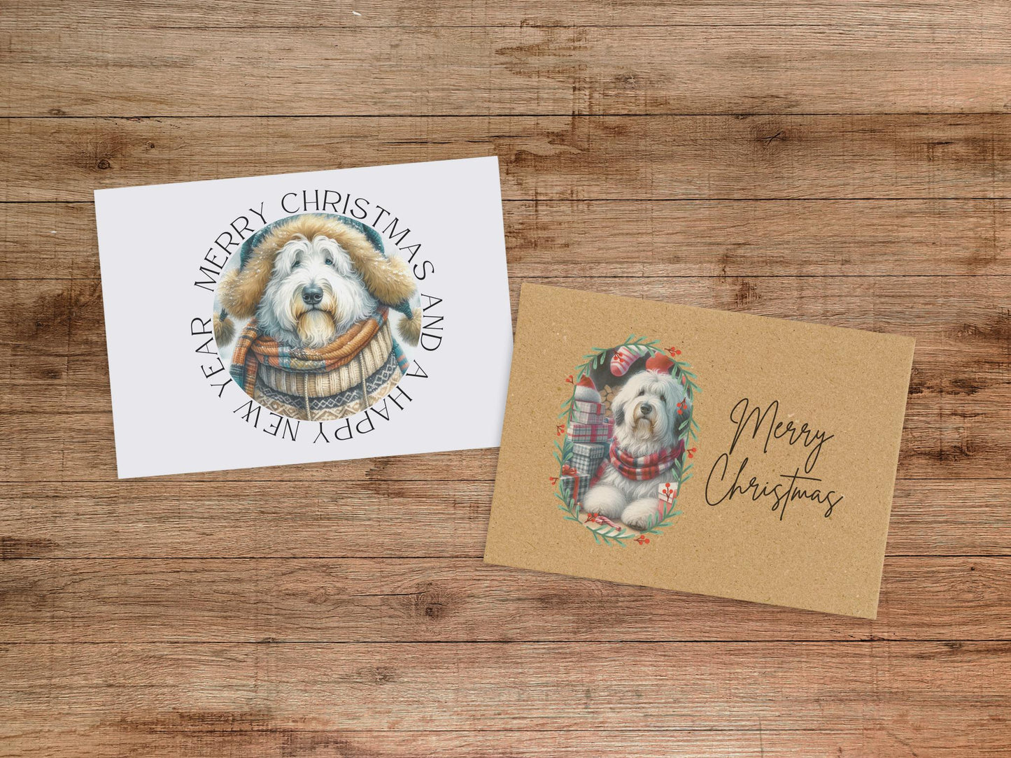 Old English Sheepdog Christmas Card Set of 6, 12, or 24 - Vintage Inspired Holiday Greeting Card Blank Inside Dog Puppy